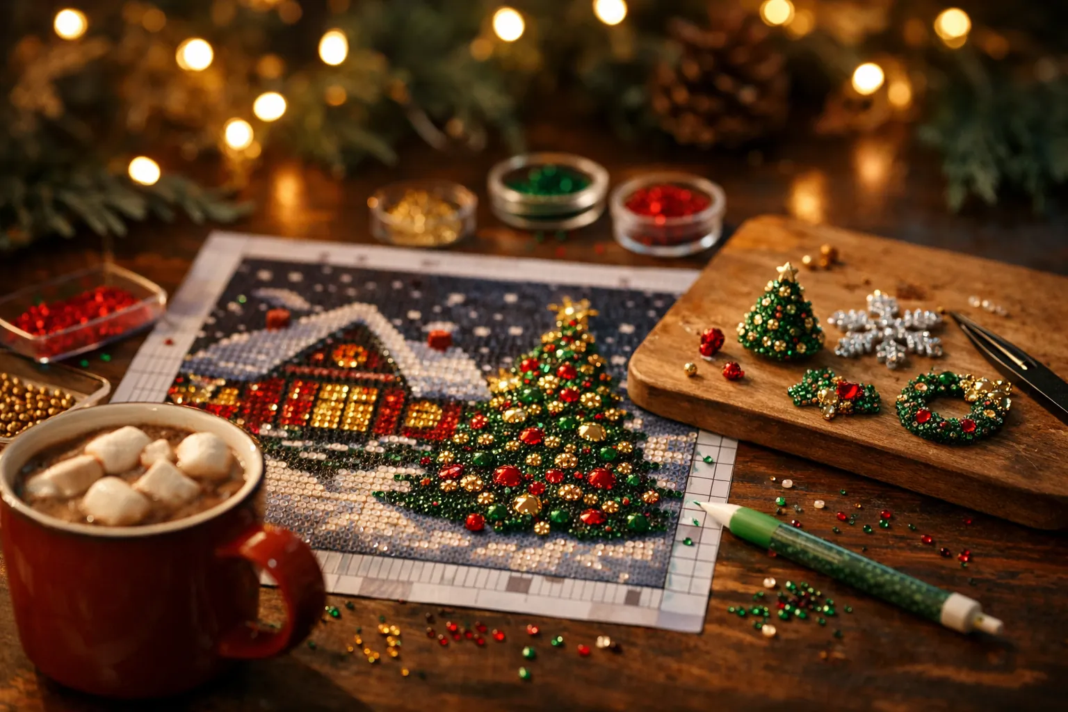 A sparkling Christmas diamond painting in progress beside handmade rhinestone ornaments and a mug of cocoa