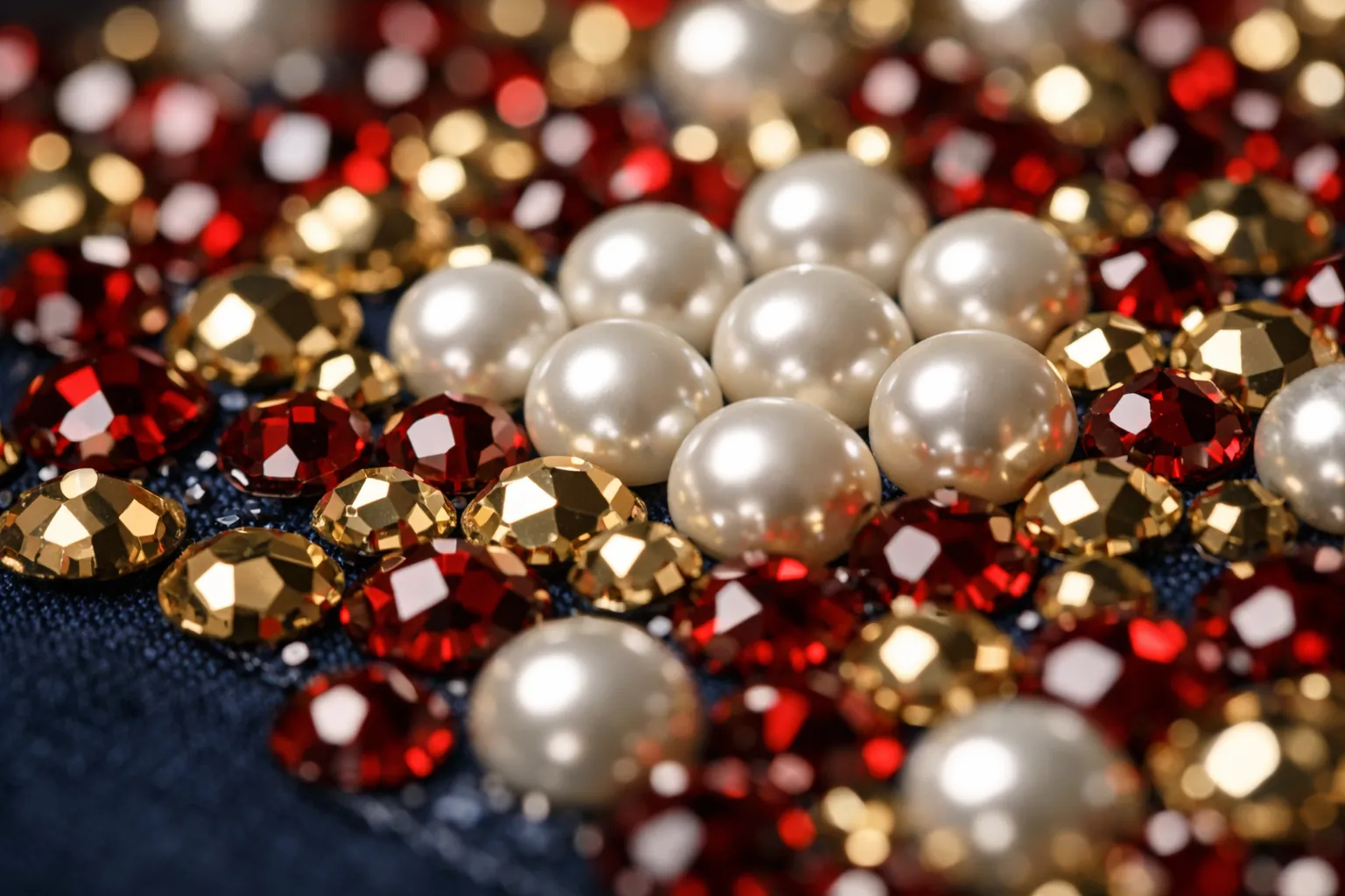 Close-up of white pearl beads mixed with red and gold diamond painting drills