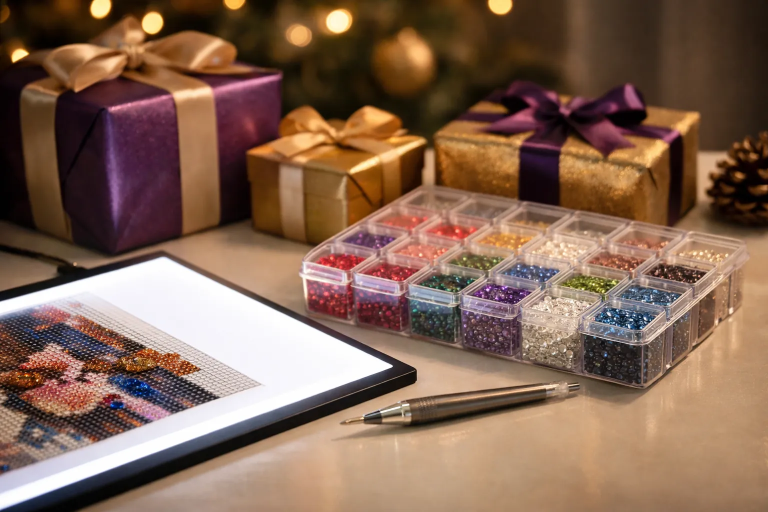 Wrapped gifts beside a diamond painting kit, a light pad and a drill storage case on a festive table