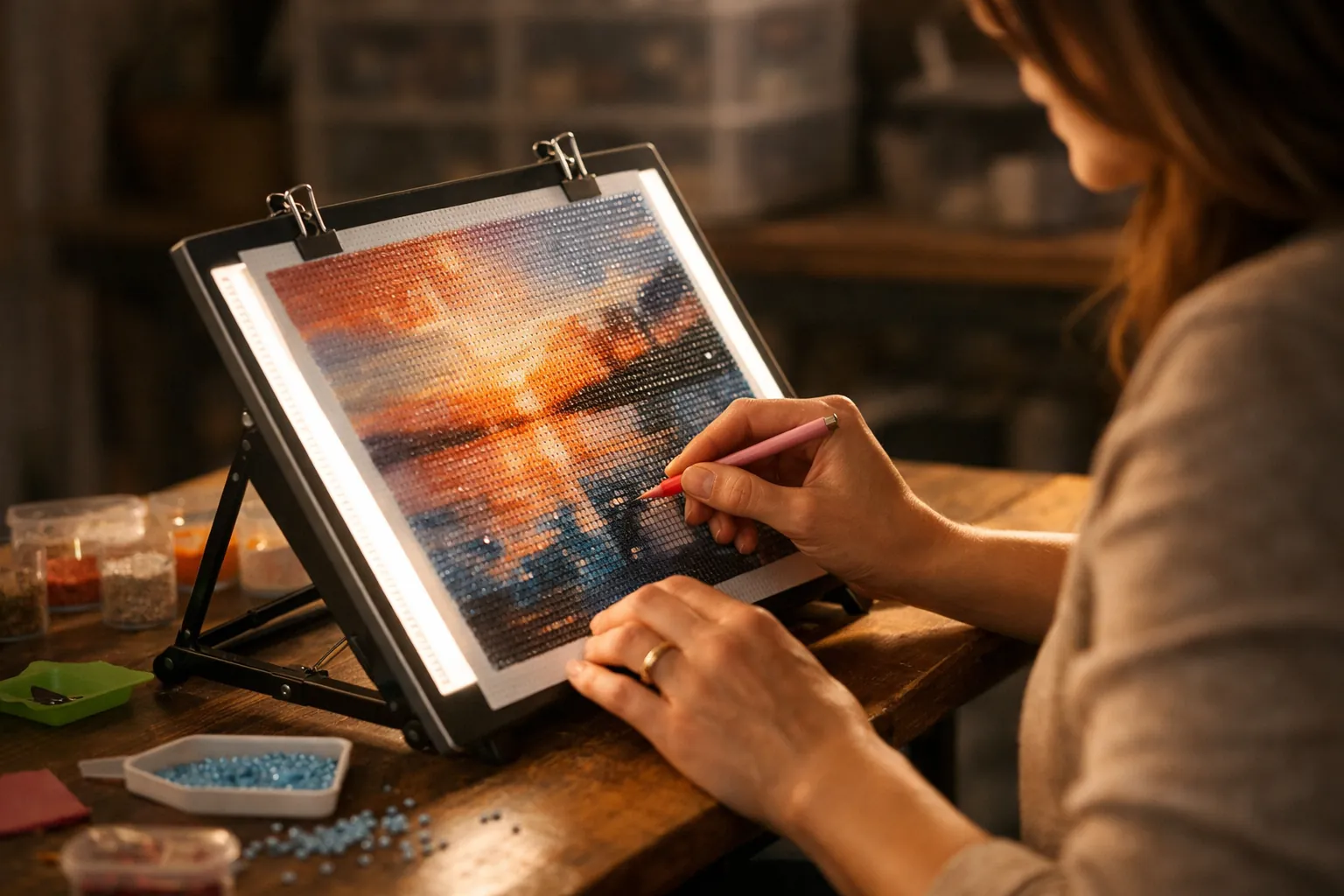 A light pad tilted on a stand with a diamond painting clipped to it
